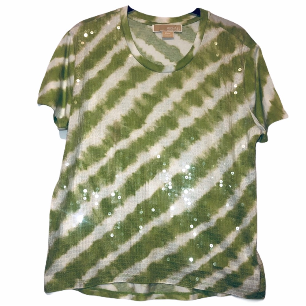 Michael Kors Tie Dye Green Sequin Short Sleeve Top
